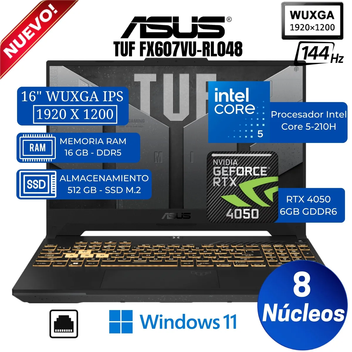 ASUS - Laptop Asus Tuf F16 FX607VU-RL048 16" WUXGA, Core 5-210H, Ram 16GB, SSD 512GB, Rtx 4050 6GB, Win 11