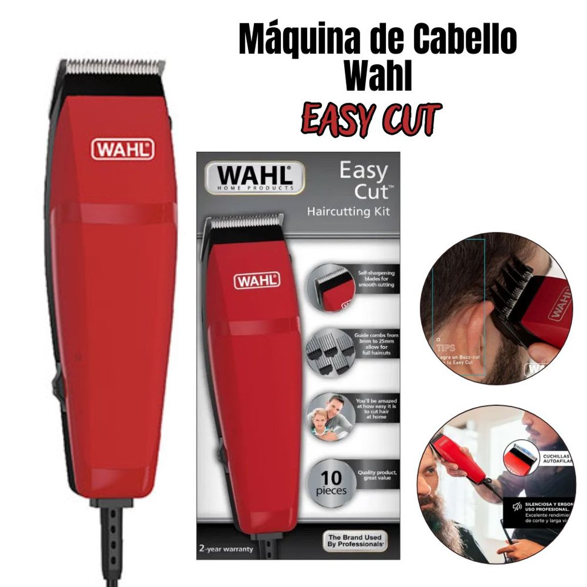 WAHL - Maquina Wahl de Cortar Cabello Easy Cut 10 Piezas - ROJO