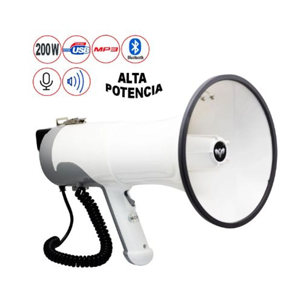 BATBLACK - Megáfono Recargable 200W CSistema de Grabación Sirena Bt