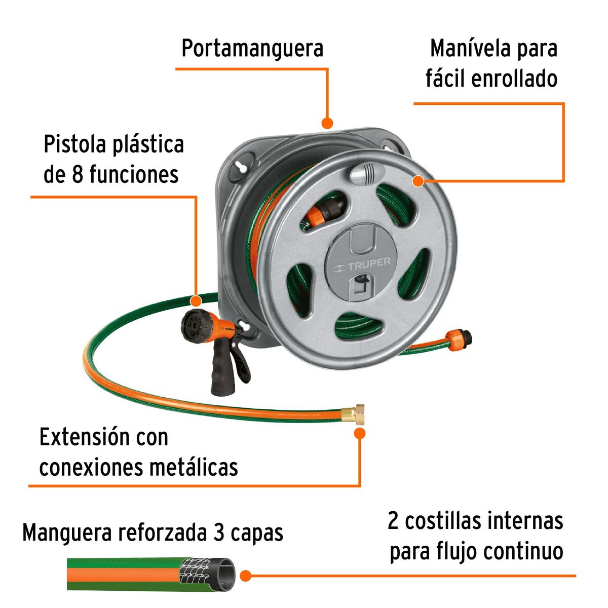 TRUPER - Manguera reforzada 3 capas 1/2" 20m + pistola de riego + portamanguera