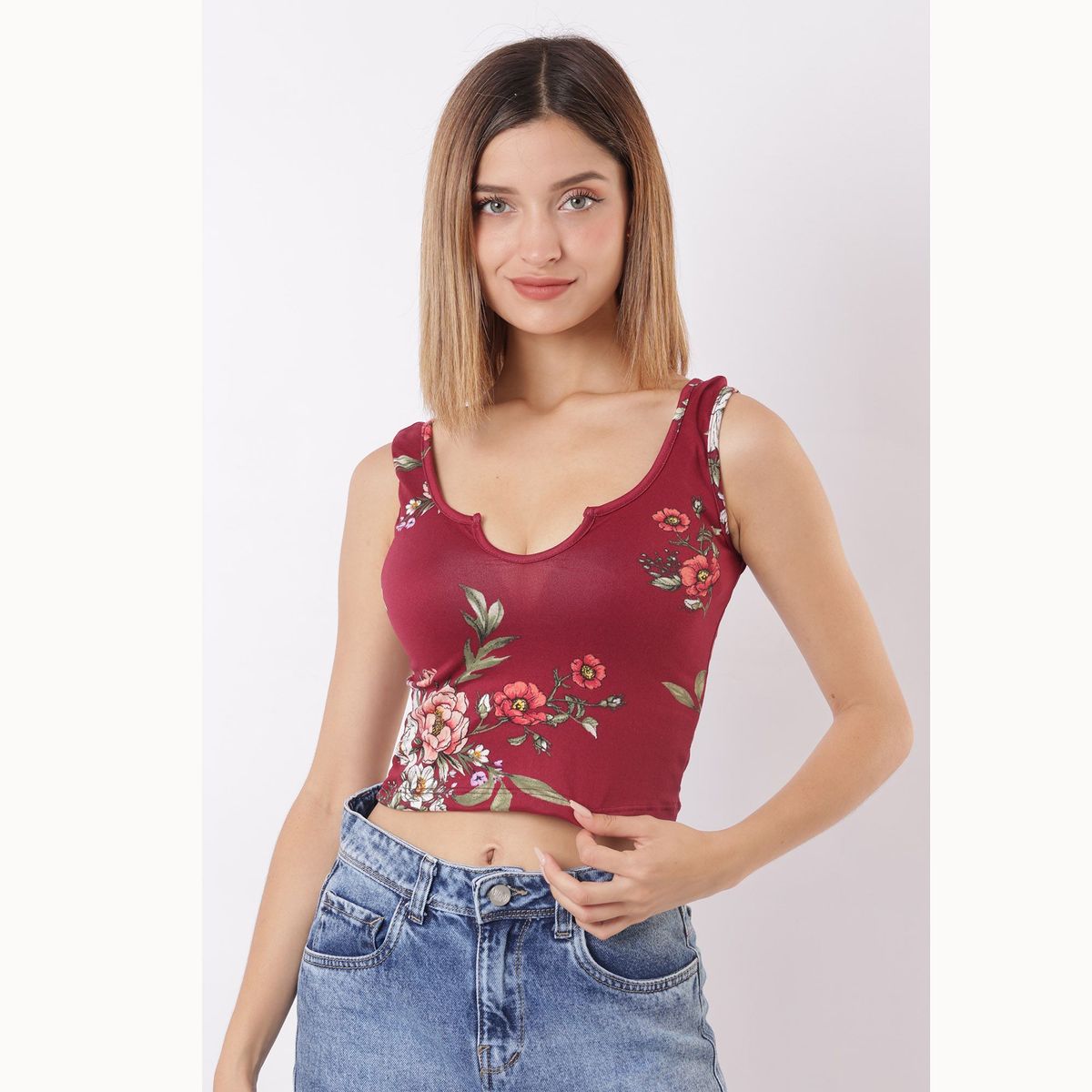 GENERICO - top guinda mujer manga cero escote