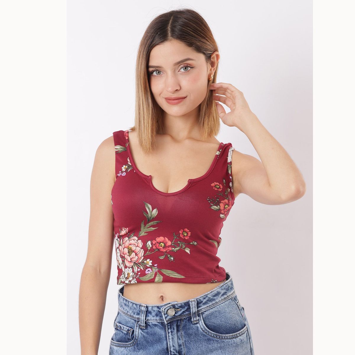 GENERICO - top guinda mujer manga cero escote