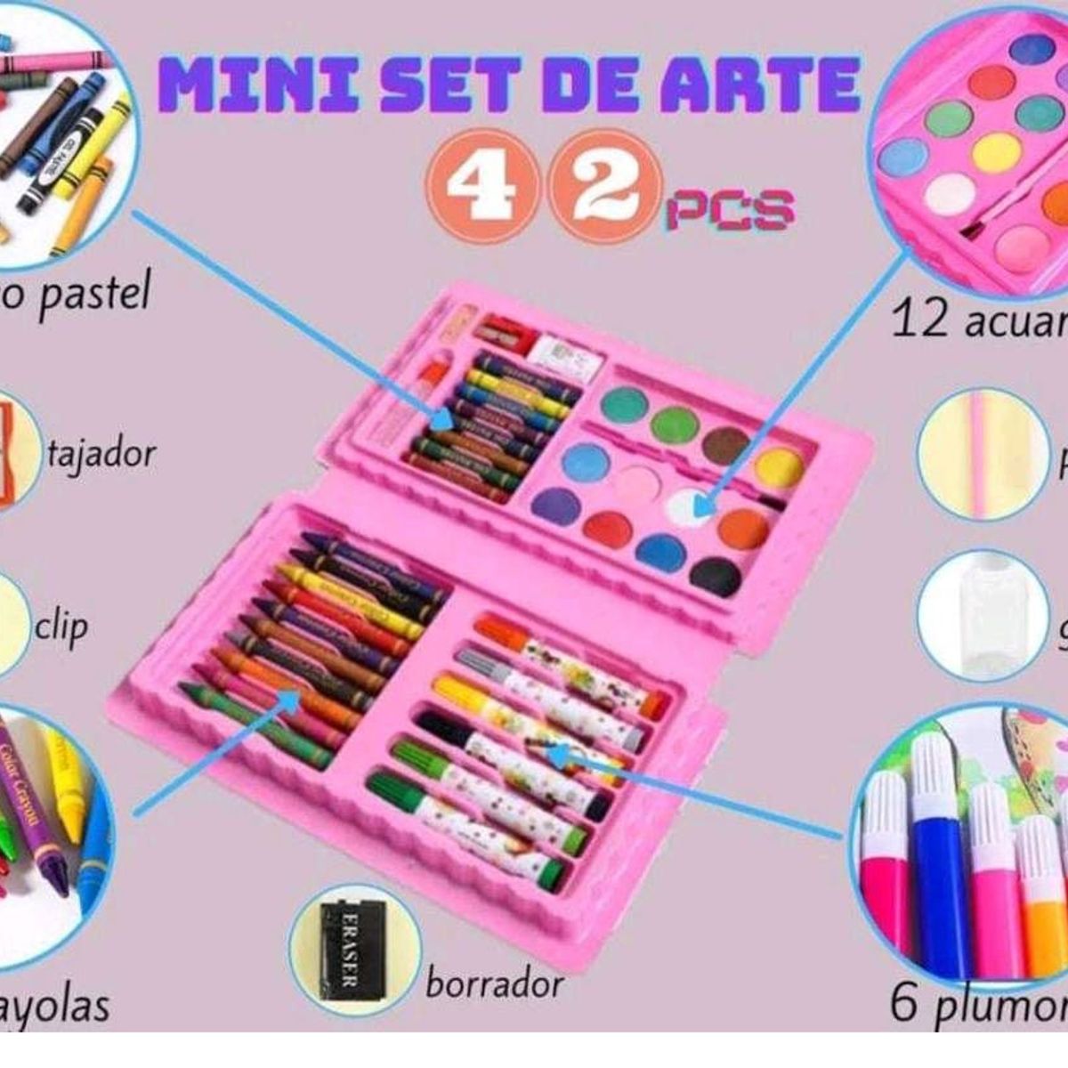 OEM - Pack x 4 Mini Set De Arte Kawaii 42 Piezas Color Rosado