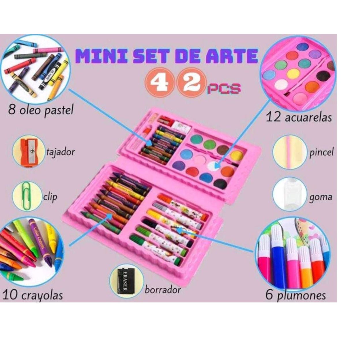 OEM - Pack x 4 Mini Set De Arte Kawaii 42 Piezas Color Rosado