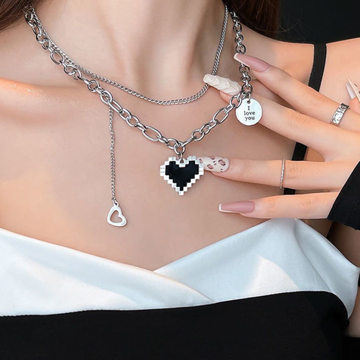 VATYERTY - Collar a capas con corazón & con diseño de disco Plateado