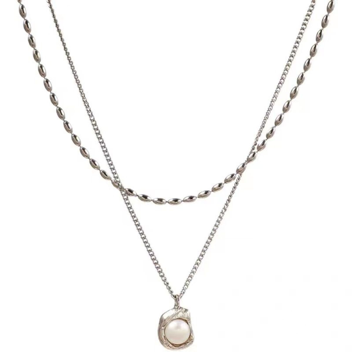 VATYERTY - Collar con colgante multicapas perla de imitación plata