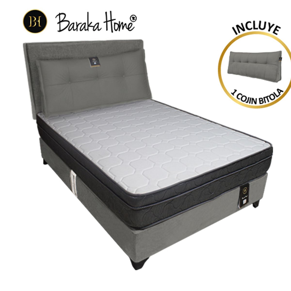 BARAKA HOME - Dormitorio Turin 2 Plz + Cabecera Ajustable + Cojín - Gris Oscuro