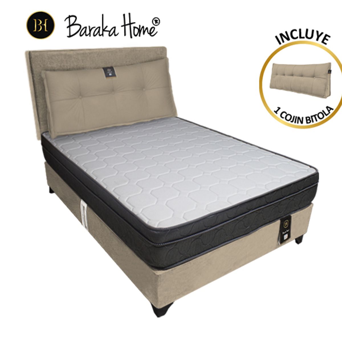 BARAKA HOME - Dormitorio Turin 2 Plz + Cabecera Ajustable + Cojín - Beige Claro