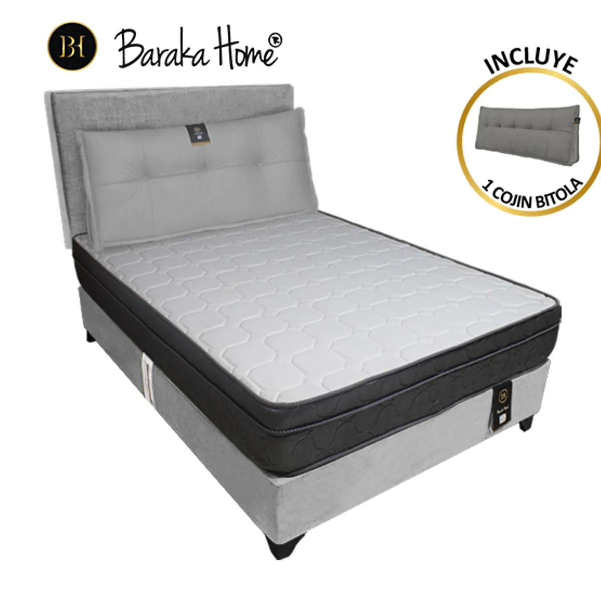 BARAKA HOME - Dormitorio Turin 2 Plz + Cabecera Ajustable + Cojín - Gris Claro