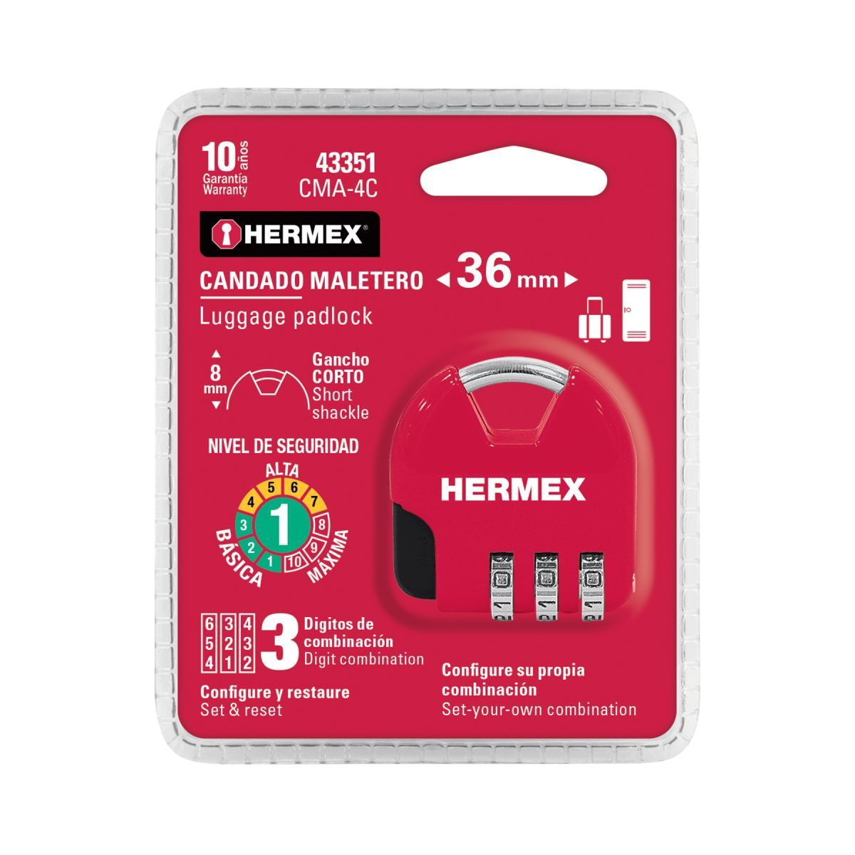 HERMEX - Candado maletero de combinación 36 mm, HERMEX