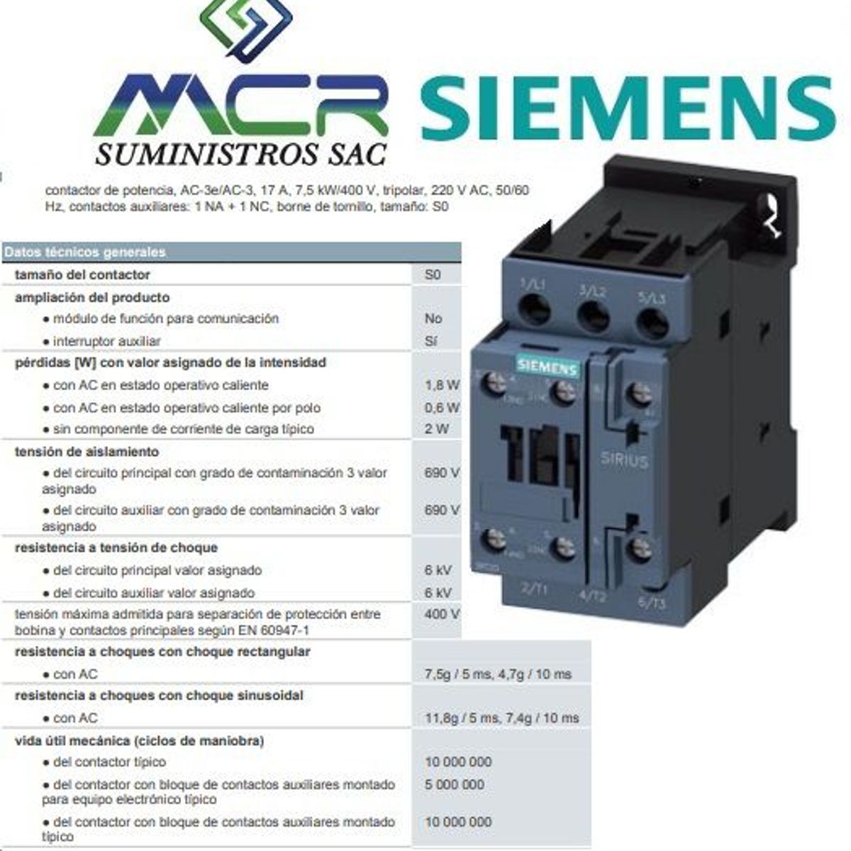 SIEMENS - CONTACTOR TRIPOLAR 17 AMPERIOS 220 V AC SIEMENS