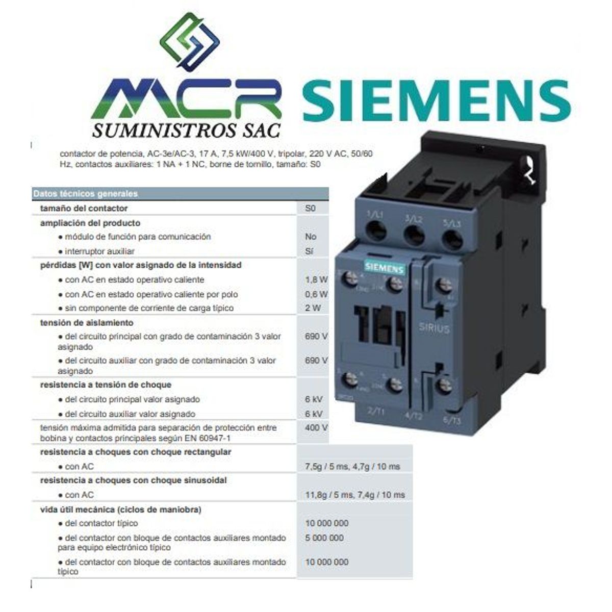 SIEMENS - CONTACTOR TRIPOLAR 17 AMPERIOS 220 V AC SIEMENS