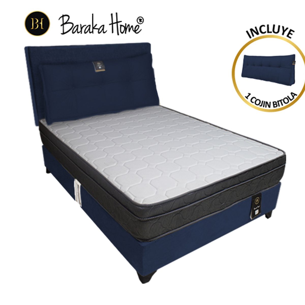BARAKA HOME - Dormitorio Turin 2 Plz + Cabecera Ajustable + Cojín - Azul Marino