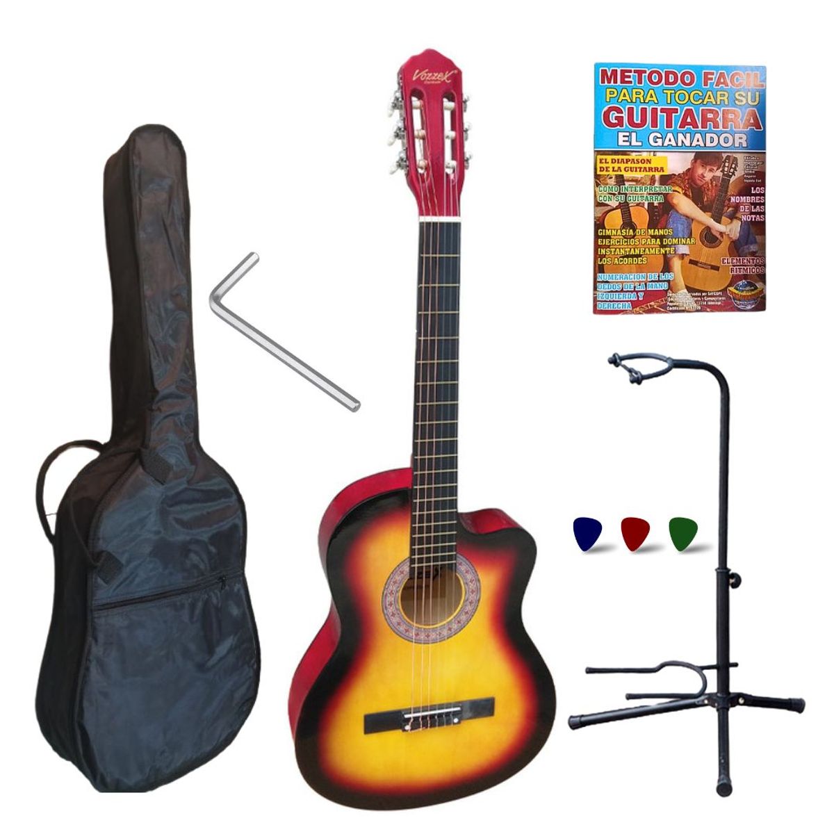 VOZZEX - Guitarra acústica c/corte SUNBURST  39″ c/funda c/varilla de calibración «VOZZEX»