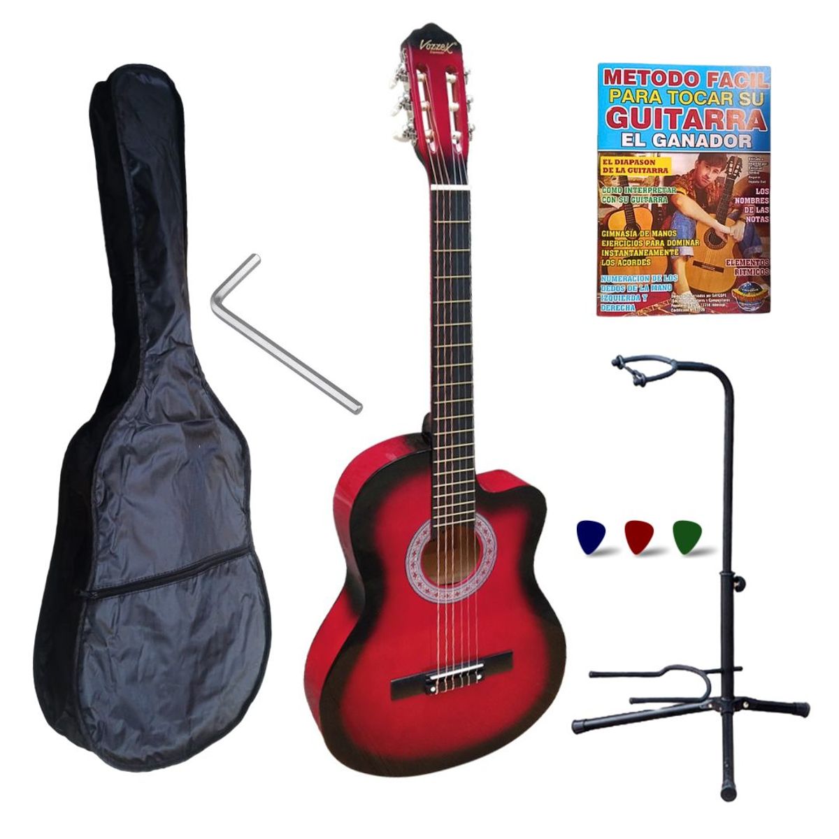 VOZZEX - Guitarra acústica c/corte ROJO  39″ c/funda c/varilla de calibración «VOZZEX»