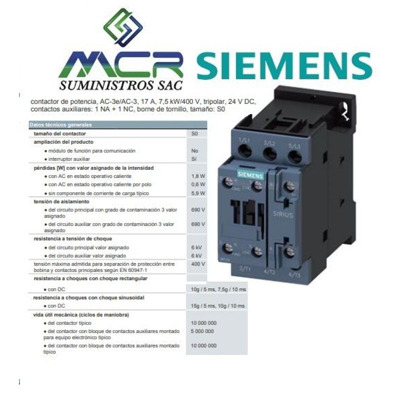 SIEMENS - CONTACTOR TRIPOLAR 17 AMPERIOS 24 V AC SIEMENS