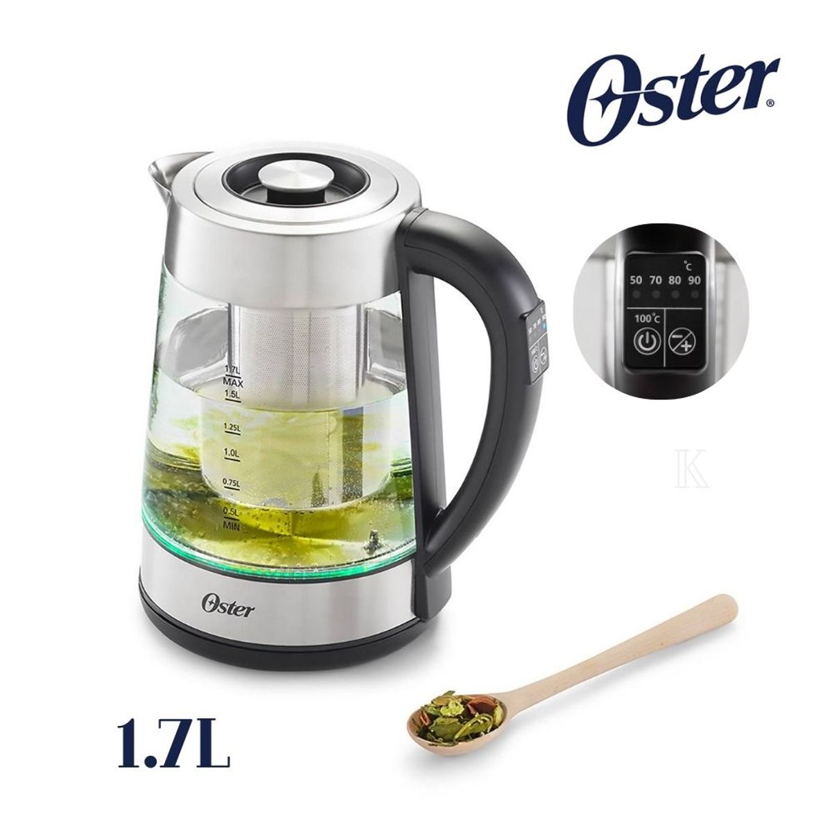 OSTER - Hervidor eléctrico de vidrio 1.7 lts con selección de temperatura