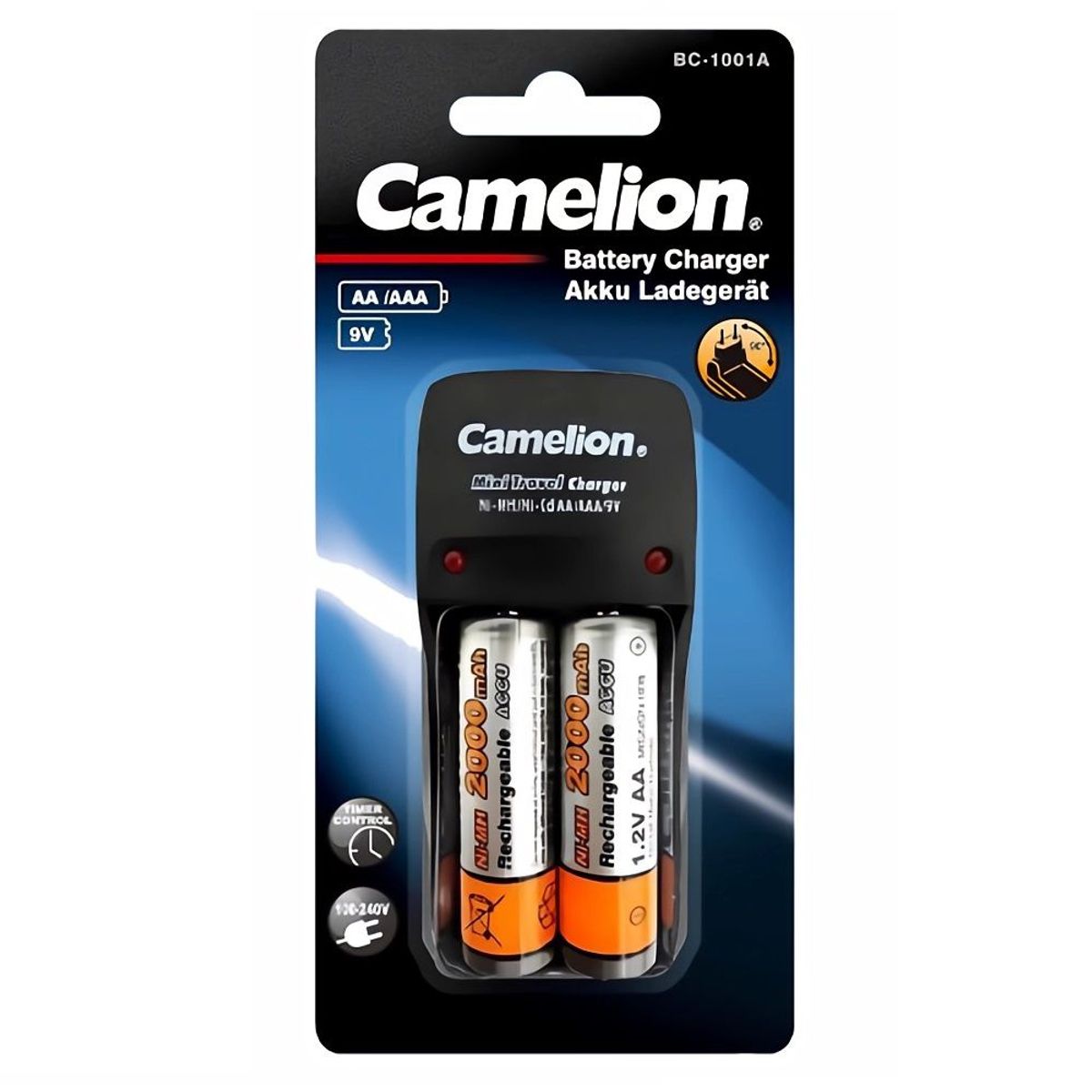 CAMELION - Cargador de Pilas/Batería Camelion AA/AAA + 2 Pilas AA 2000mAh
