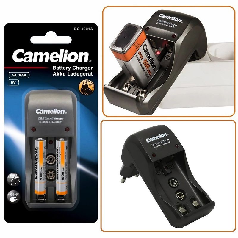 CAMELION - Cargador de Pilas/Batería Camelion AA/AAA + 2 Pilas AAA 1000mAh