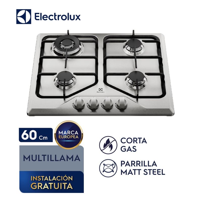 ELECTROLUX - Encimera Empotrable Gas 4 Quemadores 60CM Inox KE4MX