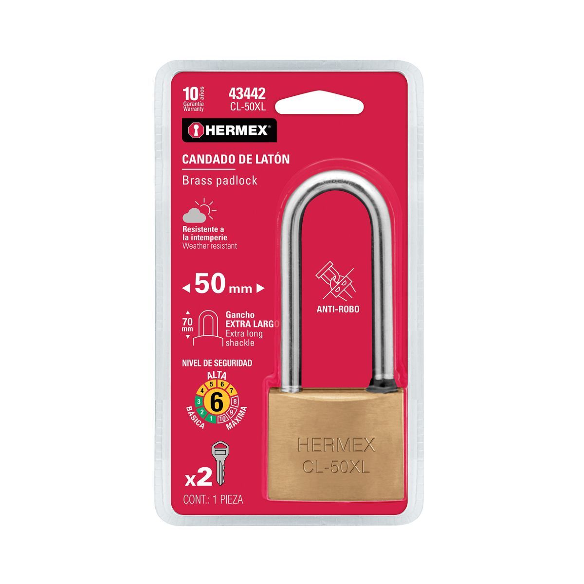 HERMEX - Candado de Latón 50mm Gancho Extra Largo Hermex