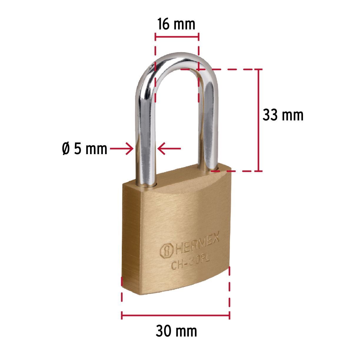 HERMEX - Candado de hierro Arco largo 30 mm, color laton, Hermex