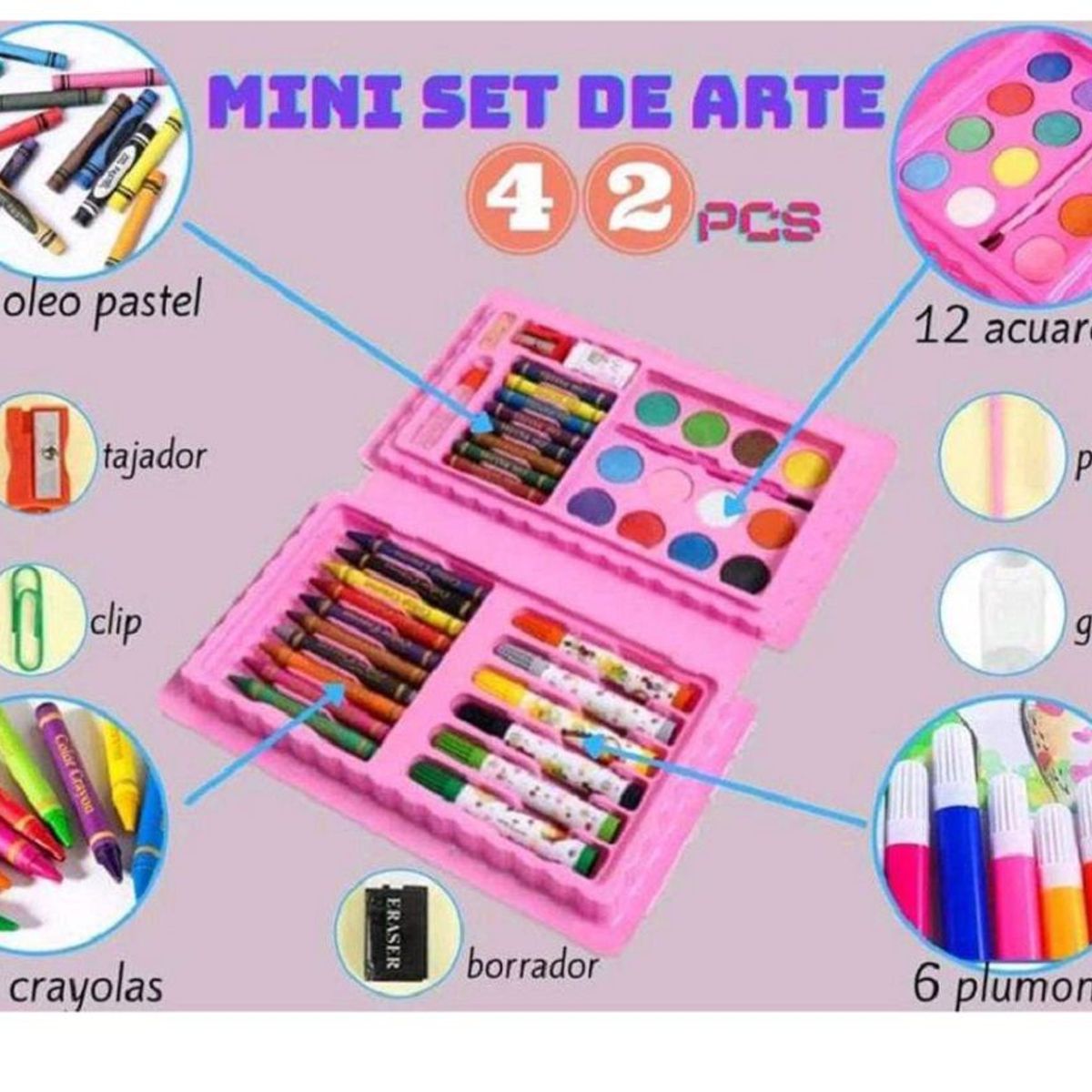 GENERICO - Mini Set De Arte Kawaii 42 Piezas Set Escolar Color Rosado