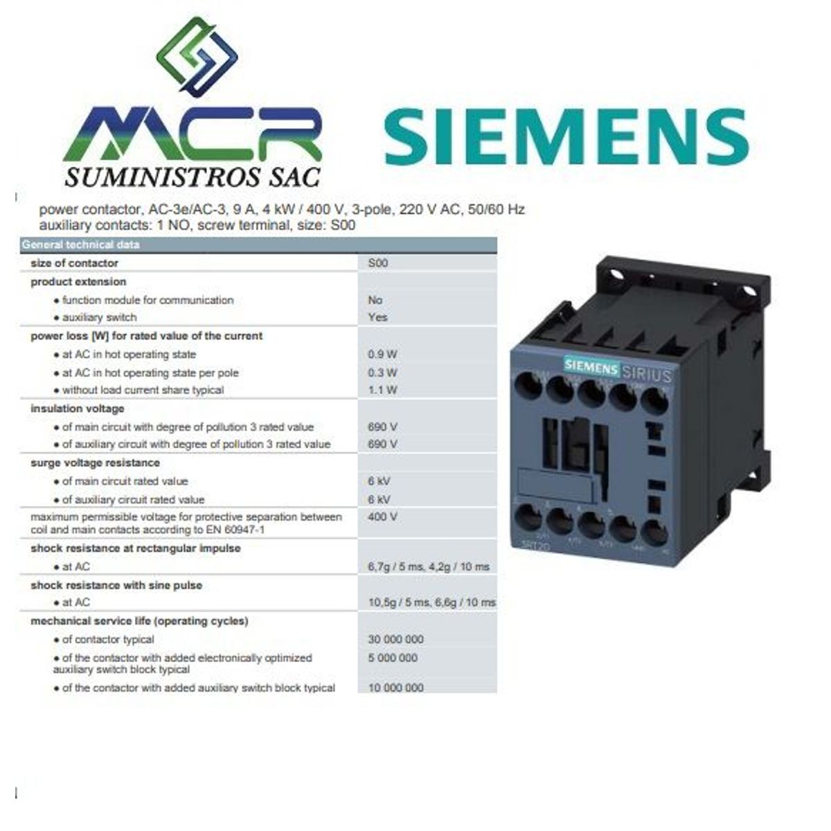 SIEMENS - CONTACTOR TRIPOLAR 9 AMPERIOS 220 V AC SIEMENS