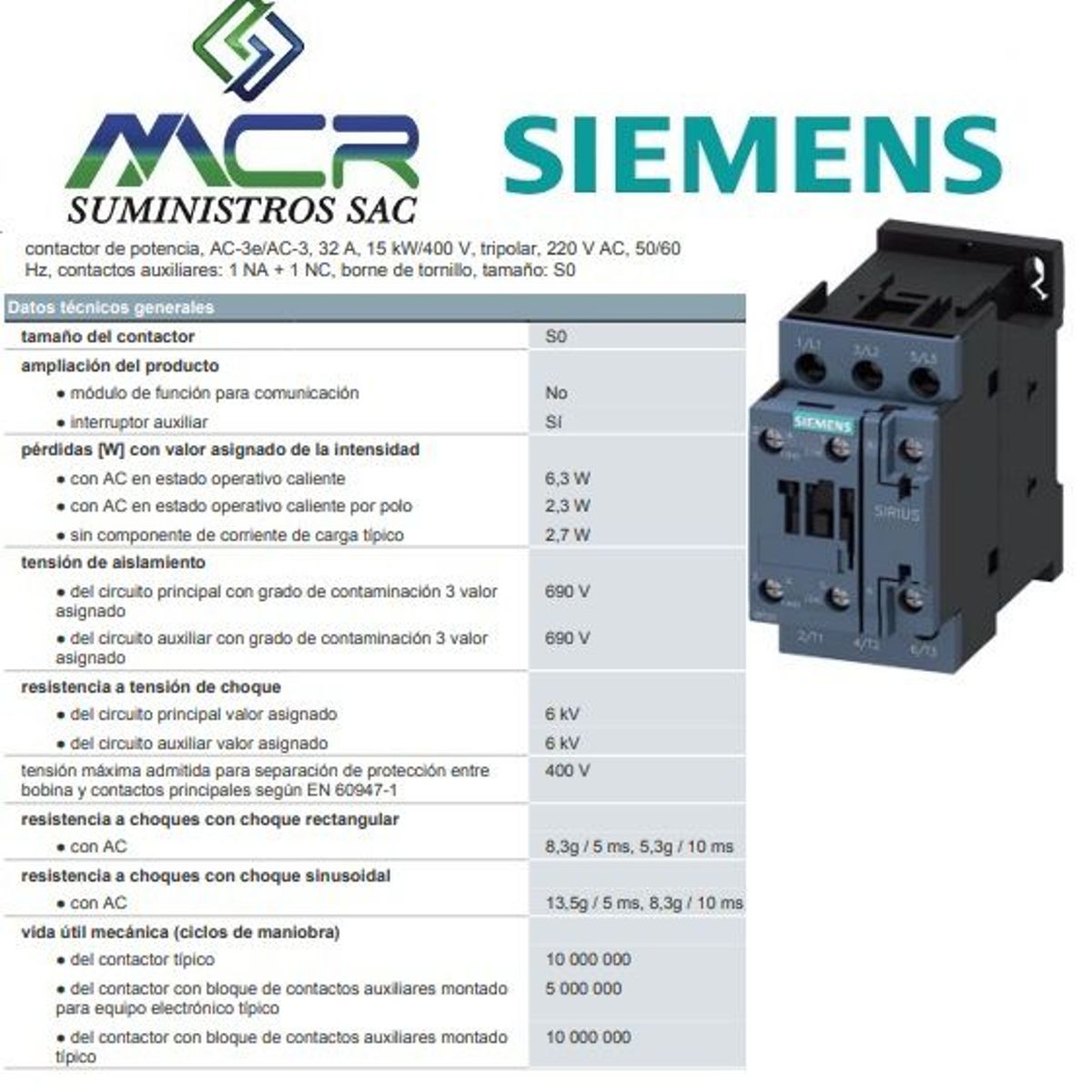 SIEMENS - CONTACTOR TRIPOLAR 32 AMPERIOS 220 V AC SIEMENS