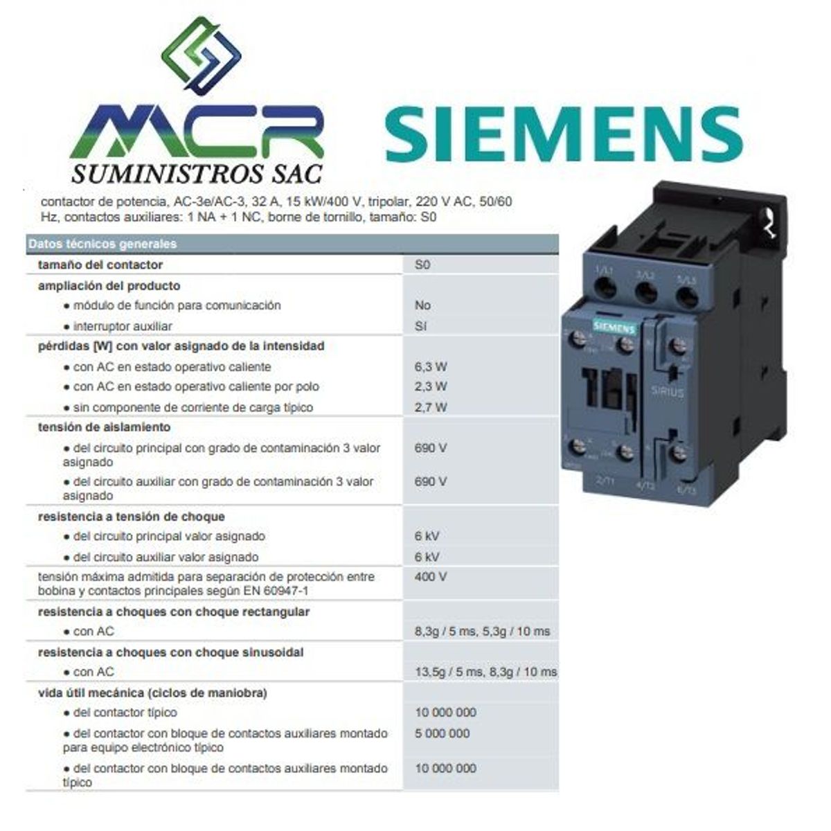 SIEMENS - CONTACTOR TRIPOLAR 32 AMPERIOS 220 V AC SIEMENS