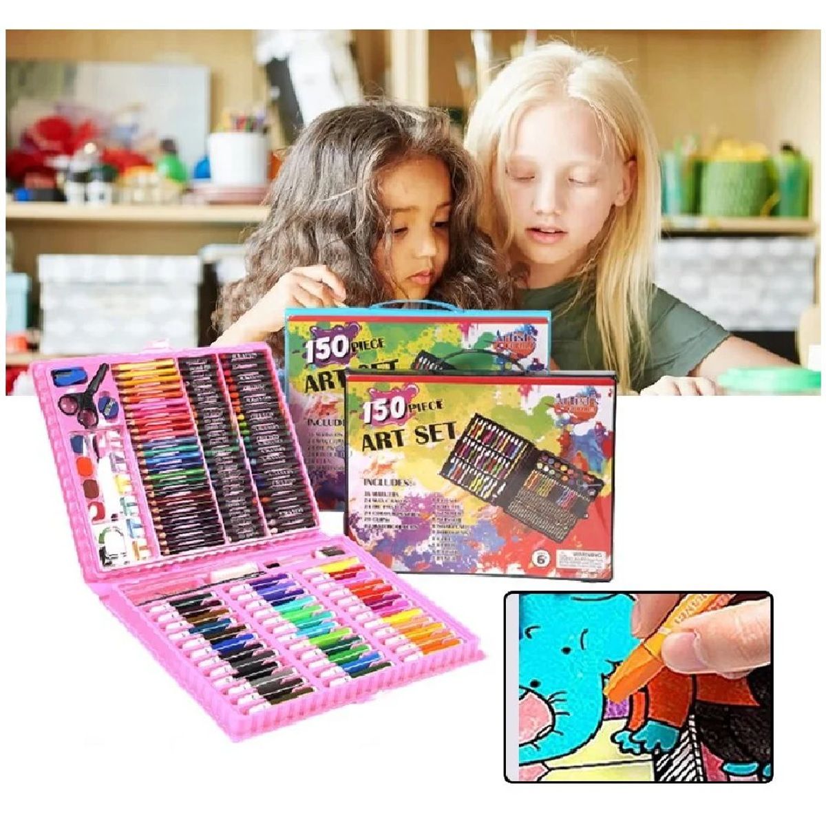 GENERICO - SET DE ARTE Y DIBUJO PARA NIÑOS 150 PIEZAS -ROSADO