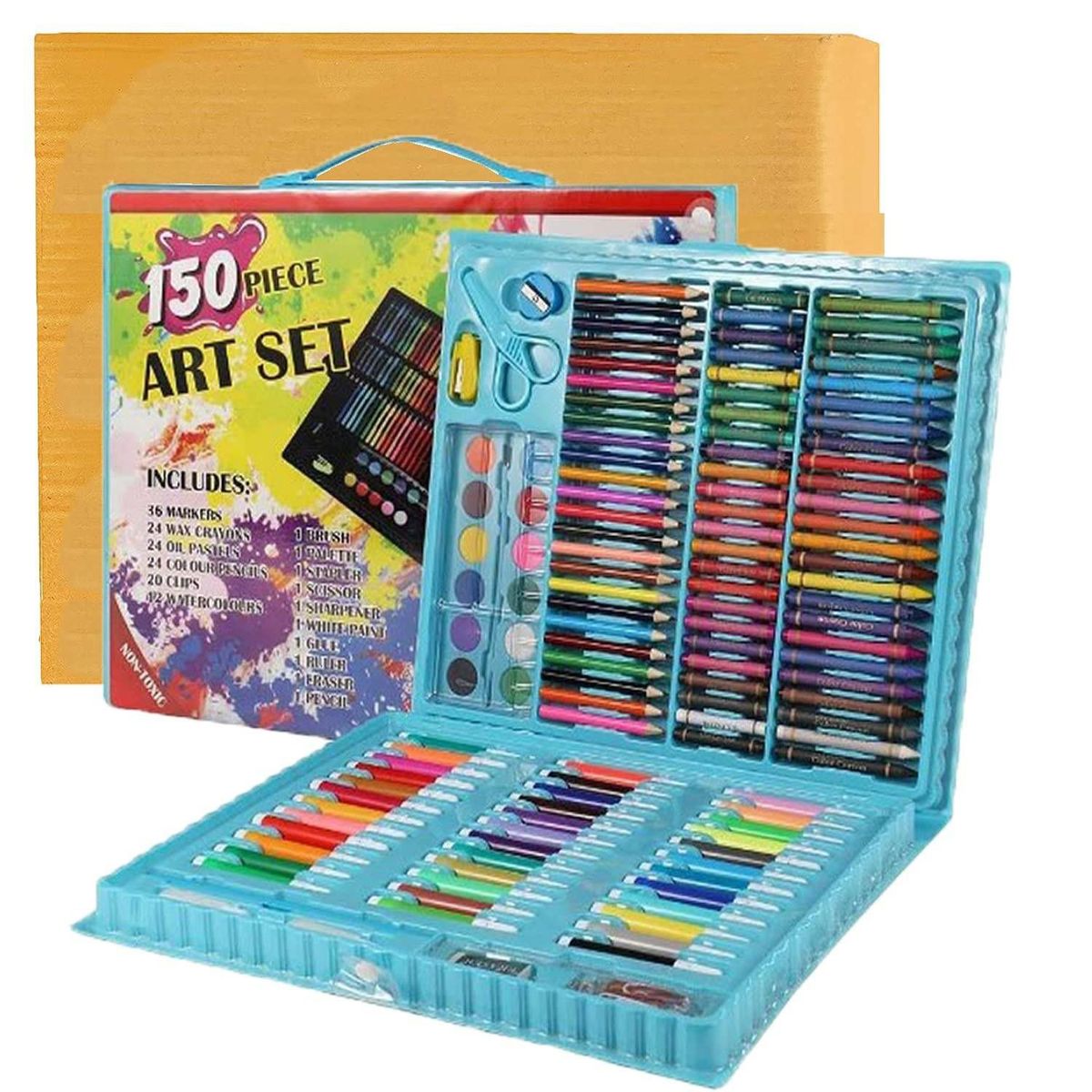 GENERICO - SET DE ARTE Y DIBUJO PARA NIÑOS 150 PIEZAS -CELESTE