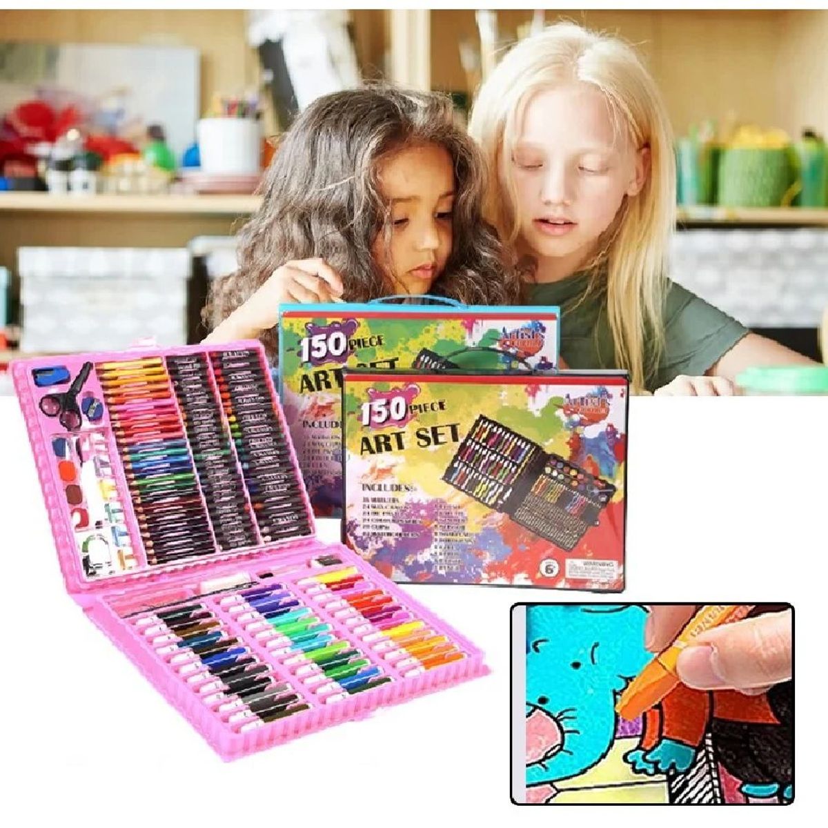 GENERICO - SET DE ARTE Y DIBUJO PARA NIÑOS 150 PIEZAS -ROSADO