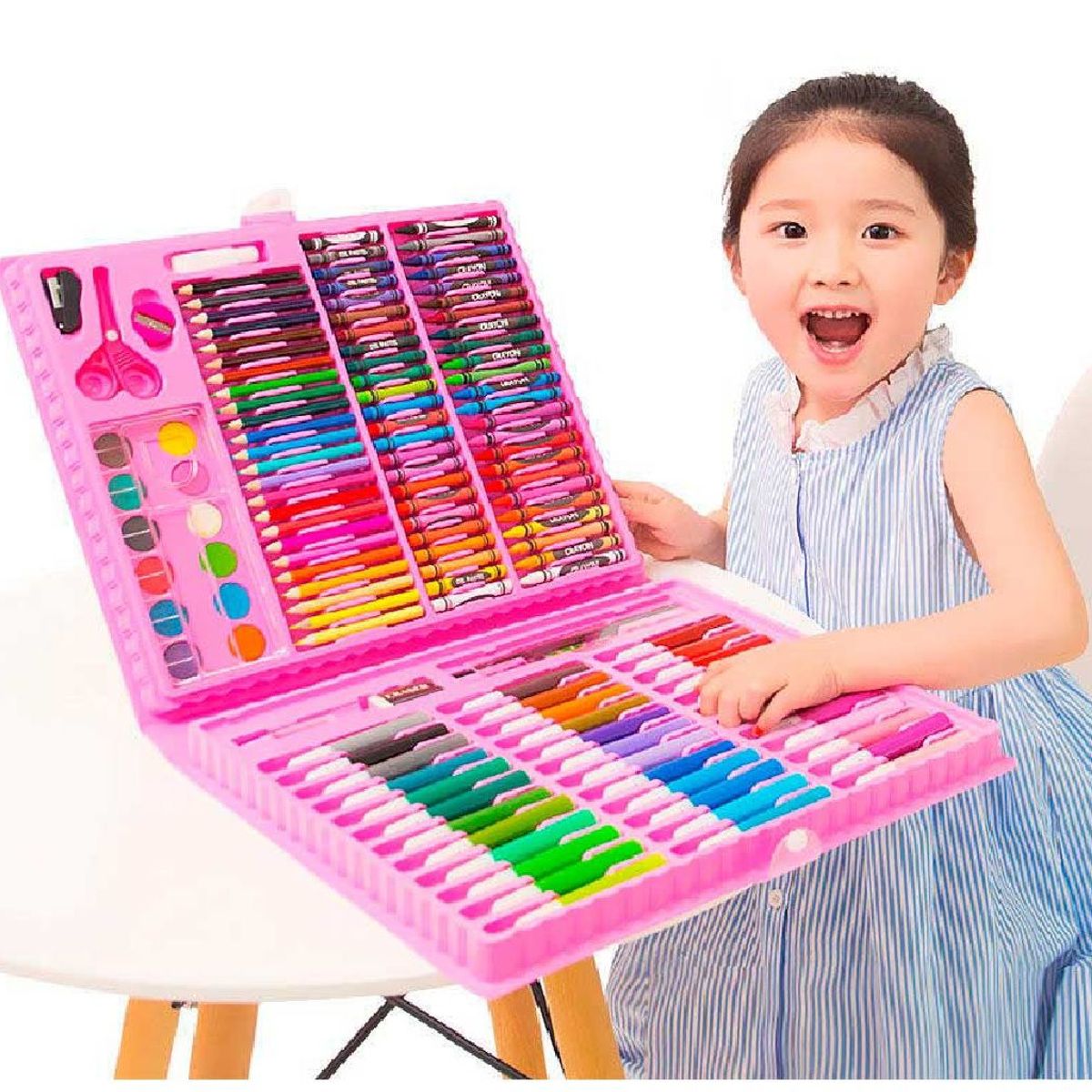 GENERICO - SET DE ARTE Y DIBUJO PARA NIÑOS 150 PIEZAS -ROSADO