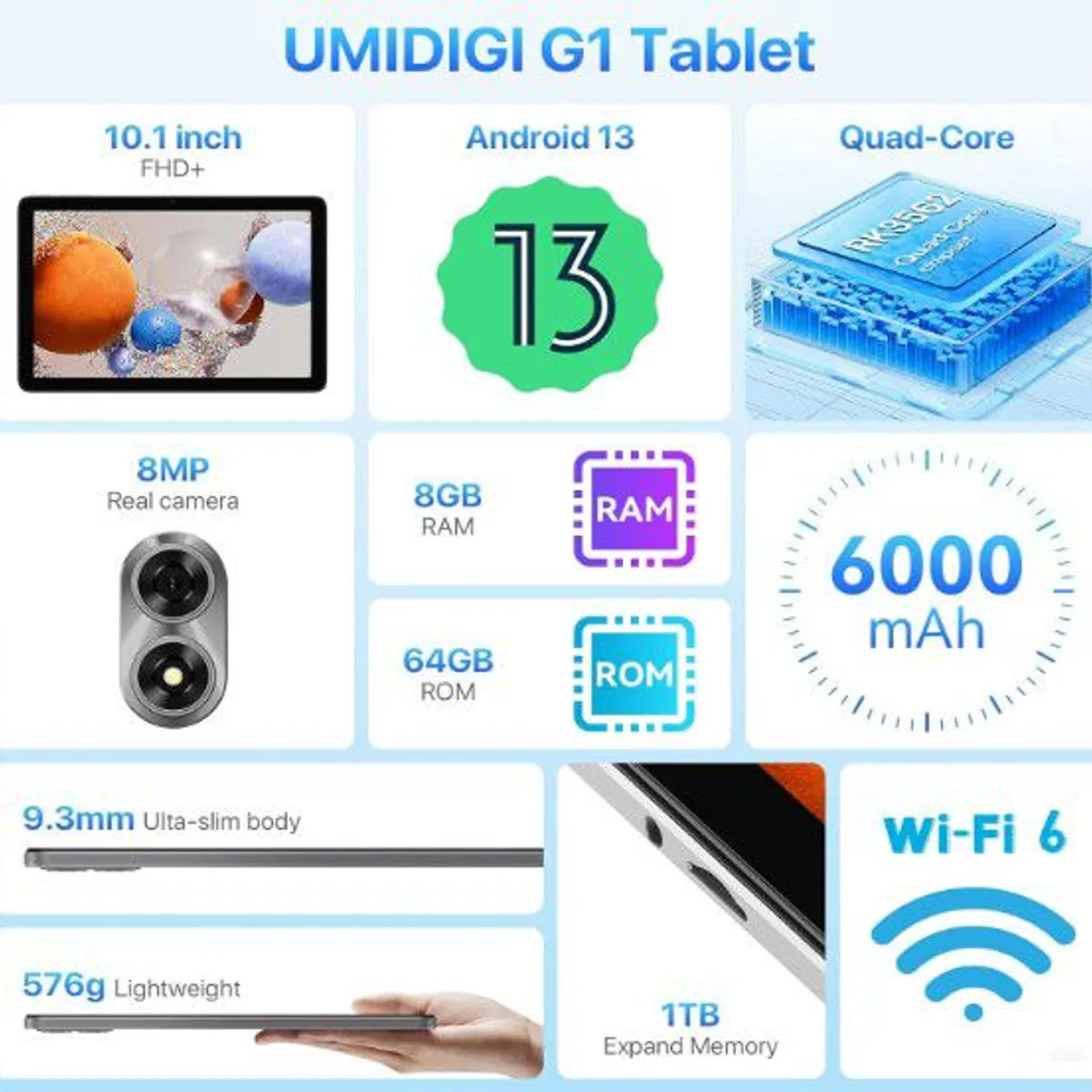 UMIDIGI - Tablet UMIDIGI G1 10.1", 8GB RAM 64GB ROM 6000 mAh - Negro