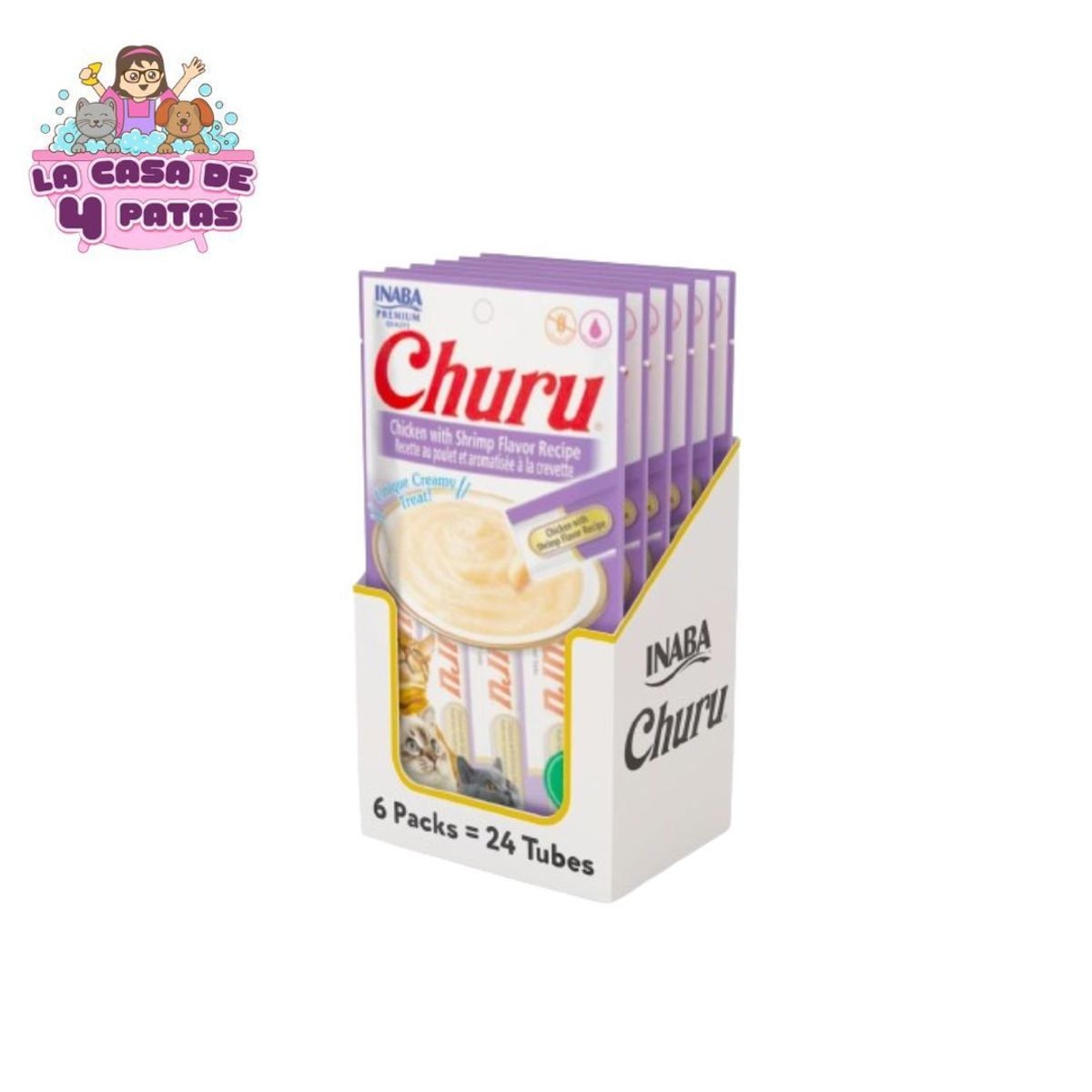 INABA - CHURU SNACK HÚMEDO DE POLLO Y CAMARONES PARA GATOS PACK X6
