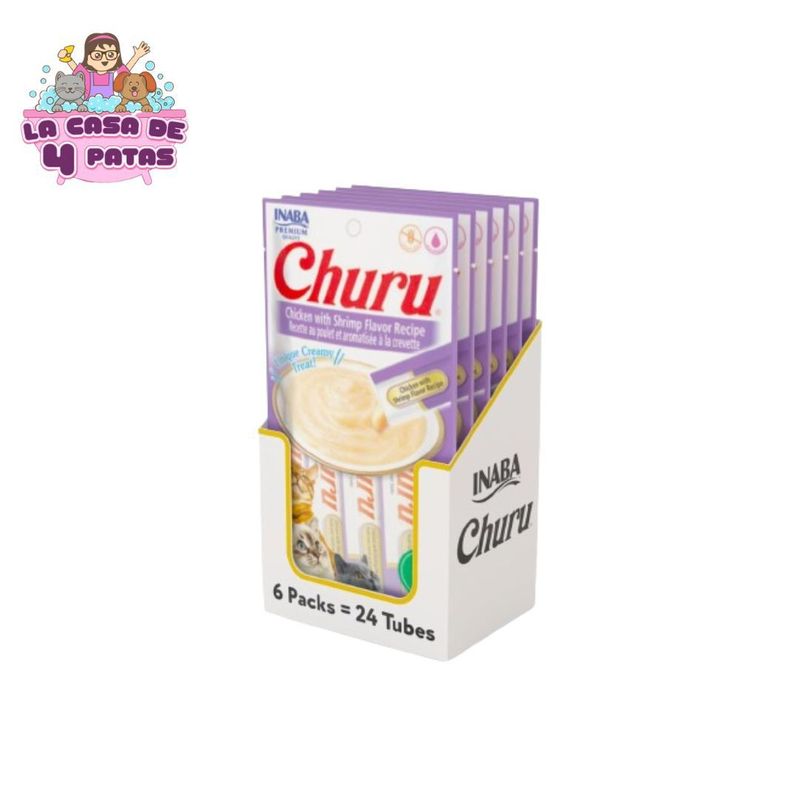 INABA - CHURU SNACK HÚMEDO DE POLLO Y CAMARONES PARA GATOS PACK X6