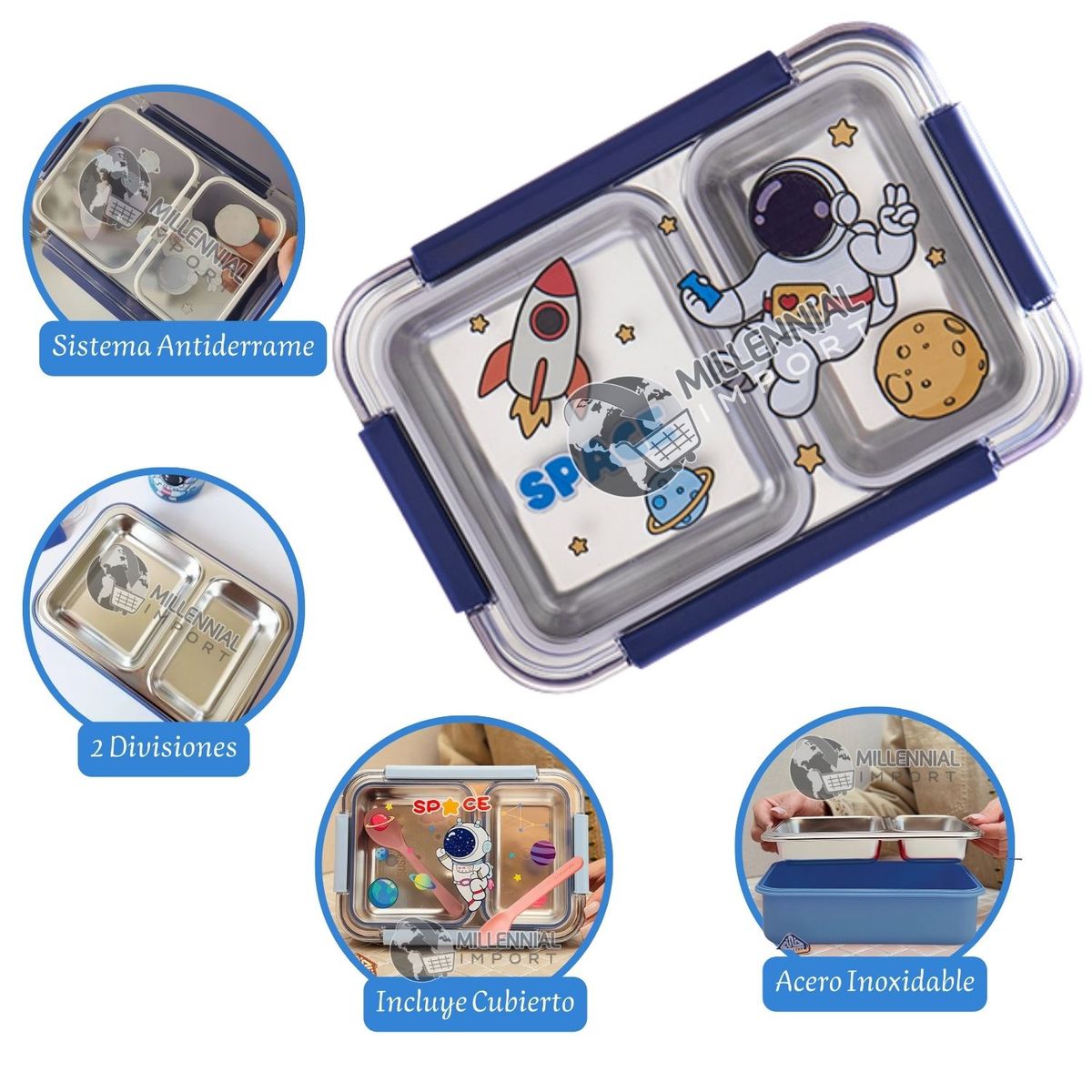 GENERICO - TAPER LONCHERA TIPO BENTO 1000 ML DE ACERO INOXIDABLE PARA NIÑOS