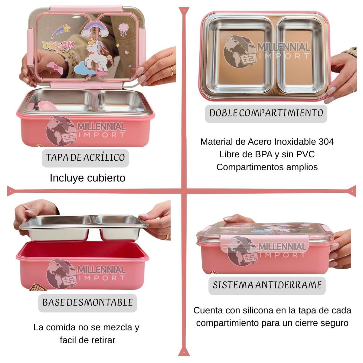 GENERICO - Taper Lonchera a Prueba de Fugas Tipo Bentgo de Acero Inoxidable Sin BPA