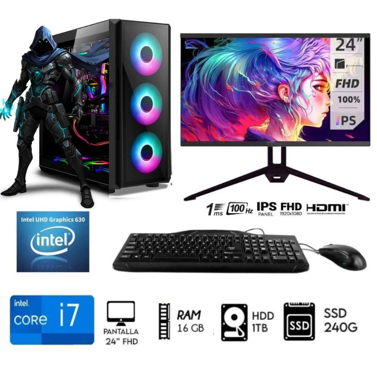 INTEL - Computadora Pc Intel Core i7 Monitor 24  Ram 16GB Disco 1TB+SSD 240GB CASE RGB