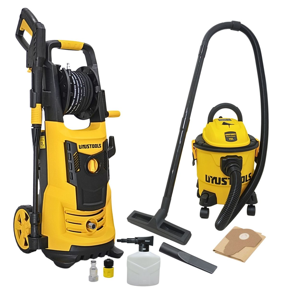 UYUSTOOLS - COMBO Hidrolavadora Alta presión 2400 PSI + Aspiradora 15 L / 1200W