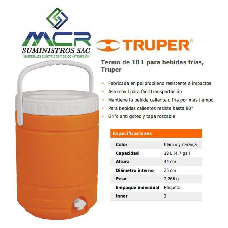 TRUPER - COOLER TERMO PARA BEBIDAS FRÍAS 18 LITROS TRUPER