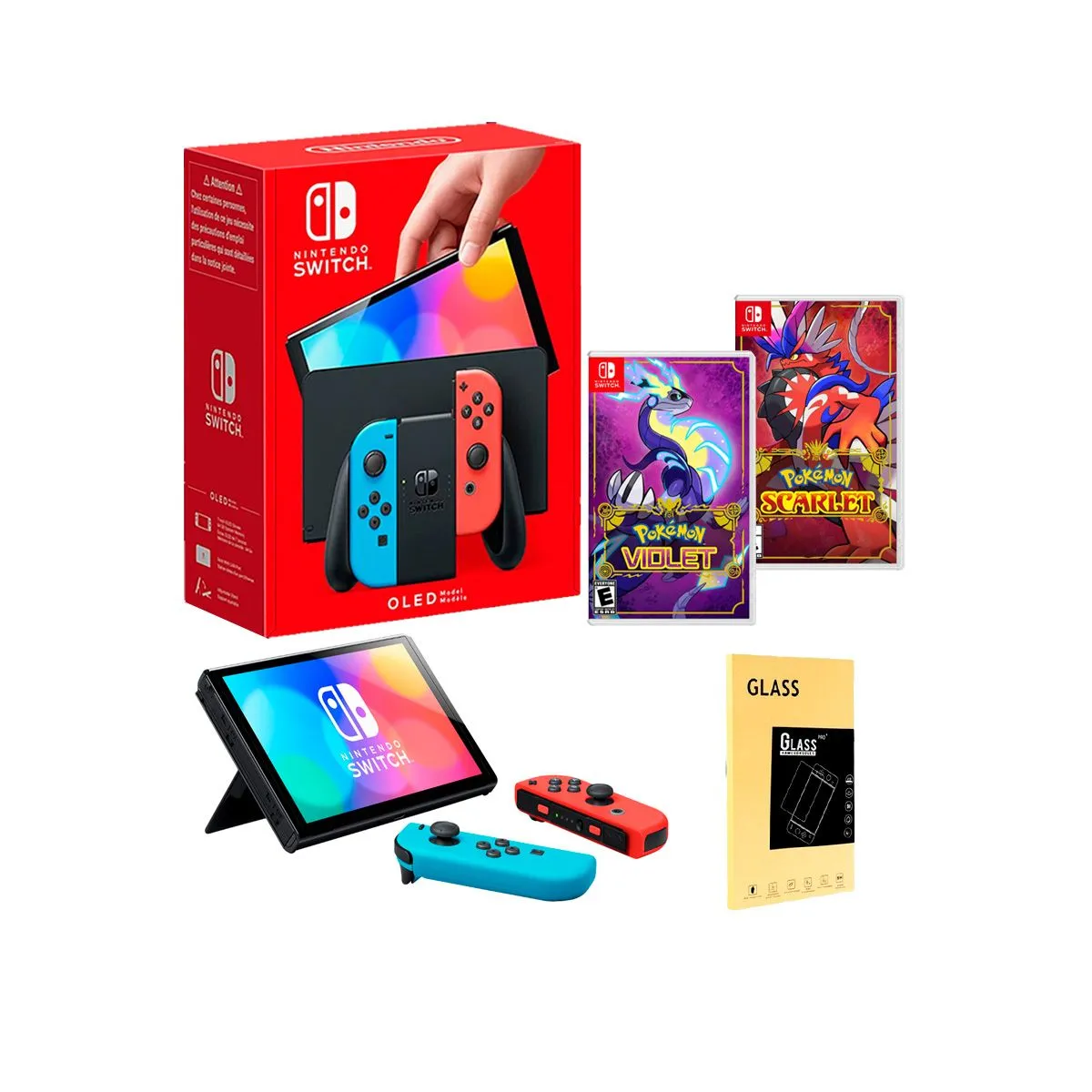 NINTENDO - Consola Nintendo Switch Oled Neon+ Pokemon Violet+ Pokemon Scarlet + M