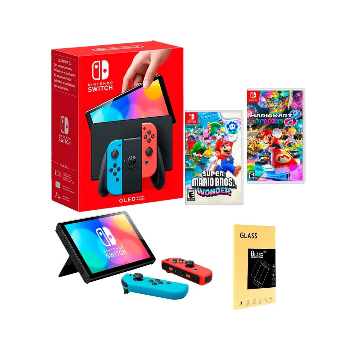 NINTENDO - Consola Nintendo Switch Oled Neon + Mario Wonder + Mario Kart + Mica