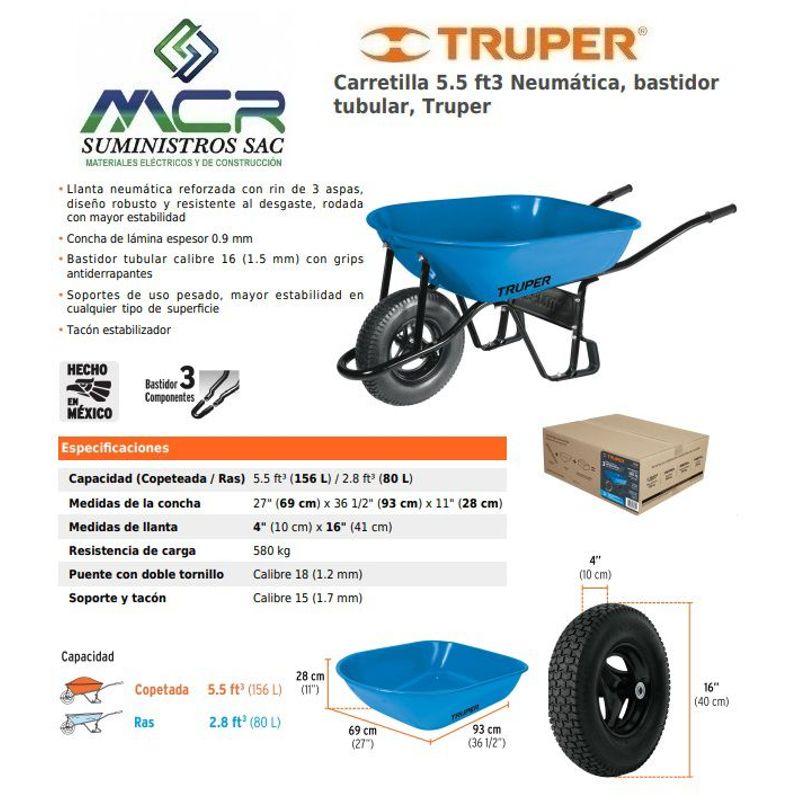 TRUPER - CARRETILLA 5.5 FT3 80L CON LLANTA NEUMATICA REFORZADA 580 KG TRUPER