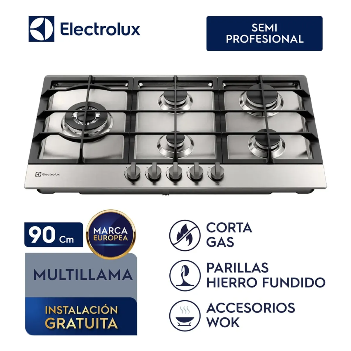 ELECTROLUX - Cocina Electrolux 5 quemadores Experience Semiprofessional Inox de Gas KE9DX