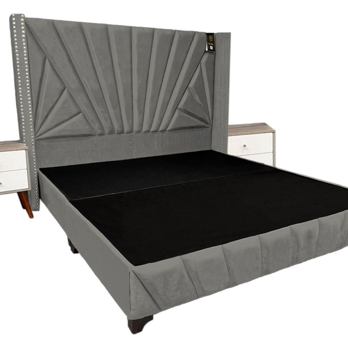 BARAKA HOME - Dormitorio Lienz Queen + Cabecera + 2 Veladores - Gris Oscuro