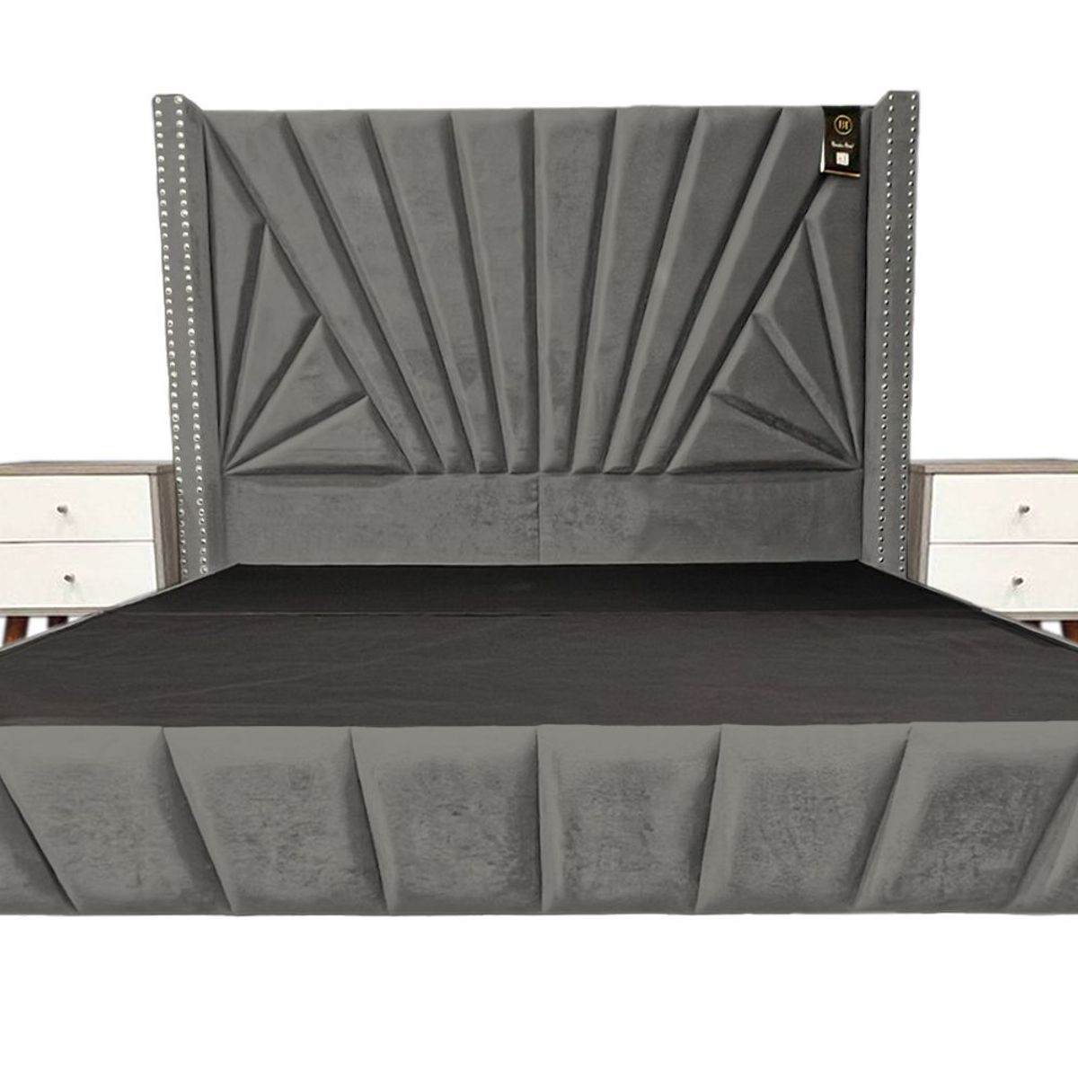 BARAKA HOME - Dormitorio Lienz Queen + Cabecera + 2 Veladores - Gris Oscuro