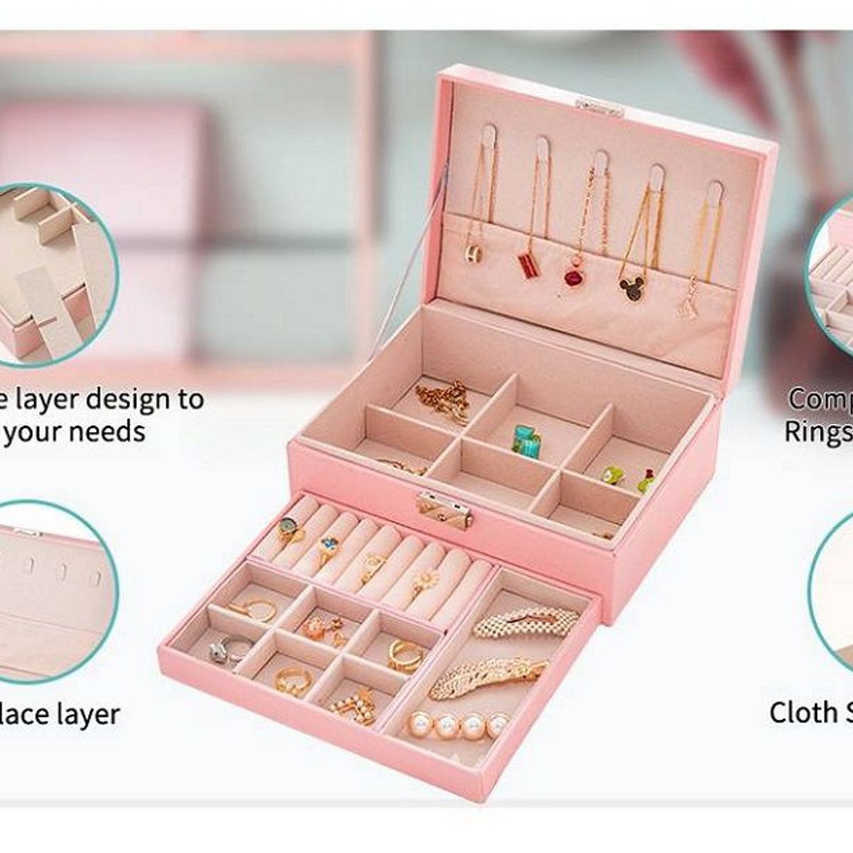 GENERICO - Organizador de joyas  de 2 Niveles Rosado