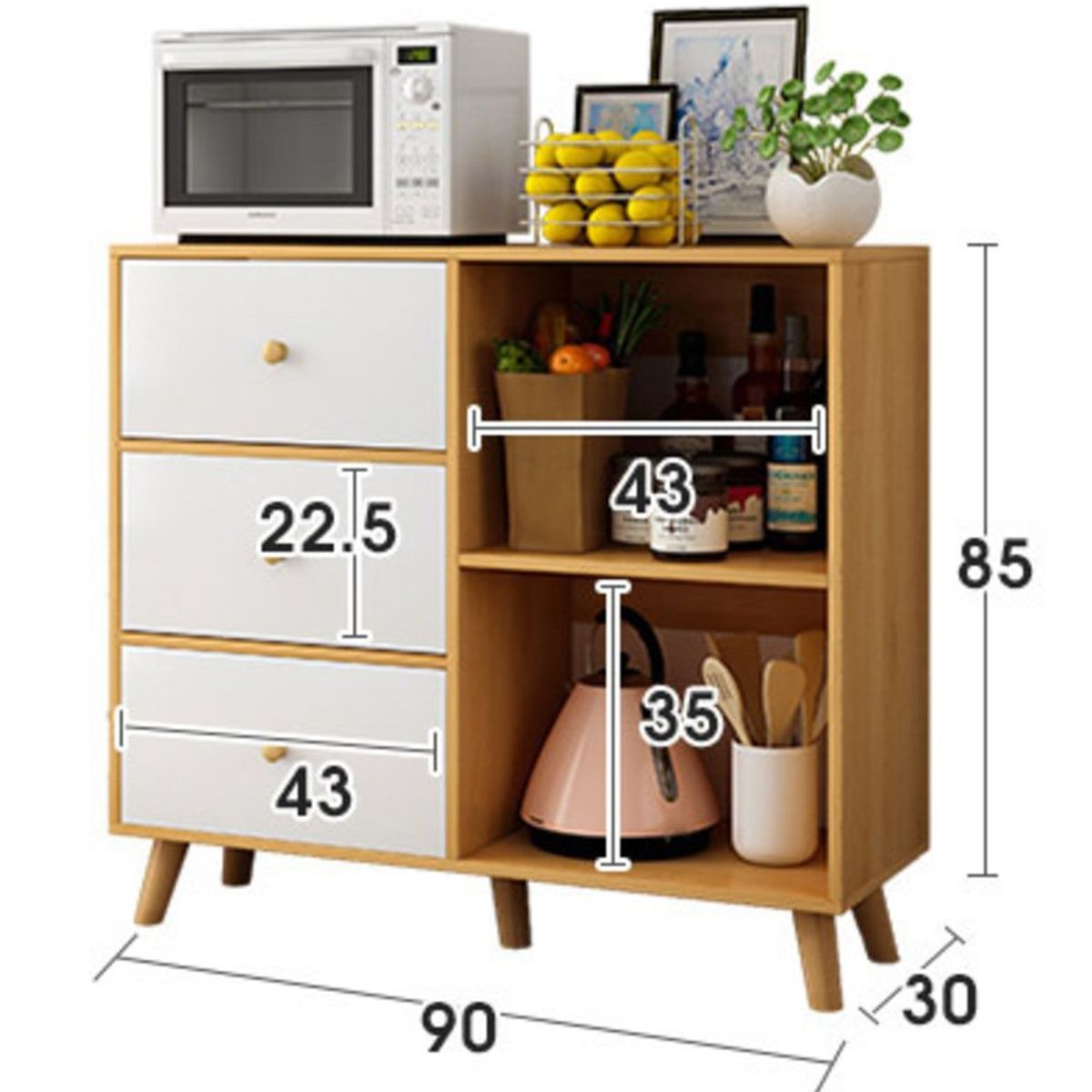 TU MESITA - Aparador de cocina multiusos 3 cajones Vicente color Blanco TU MESITA